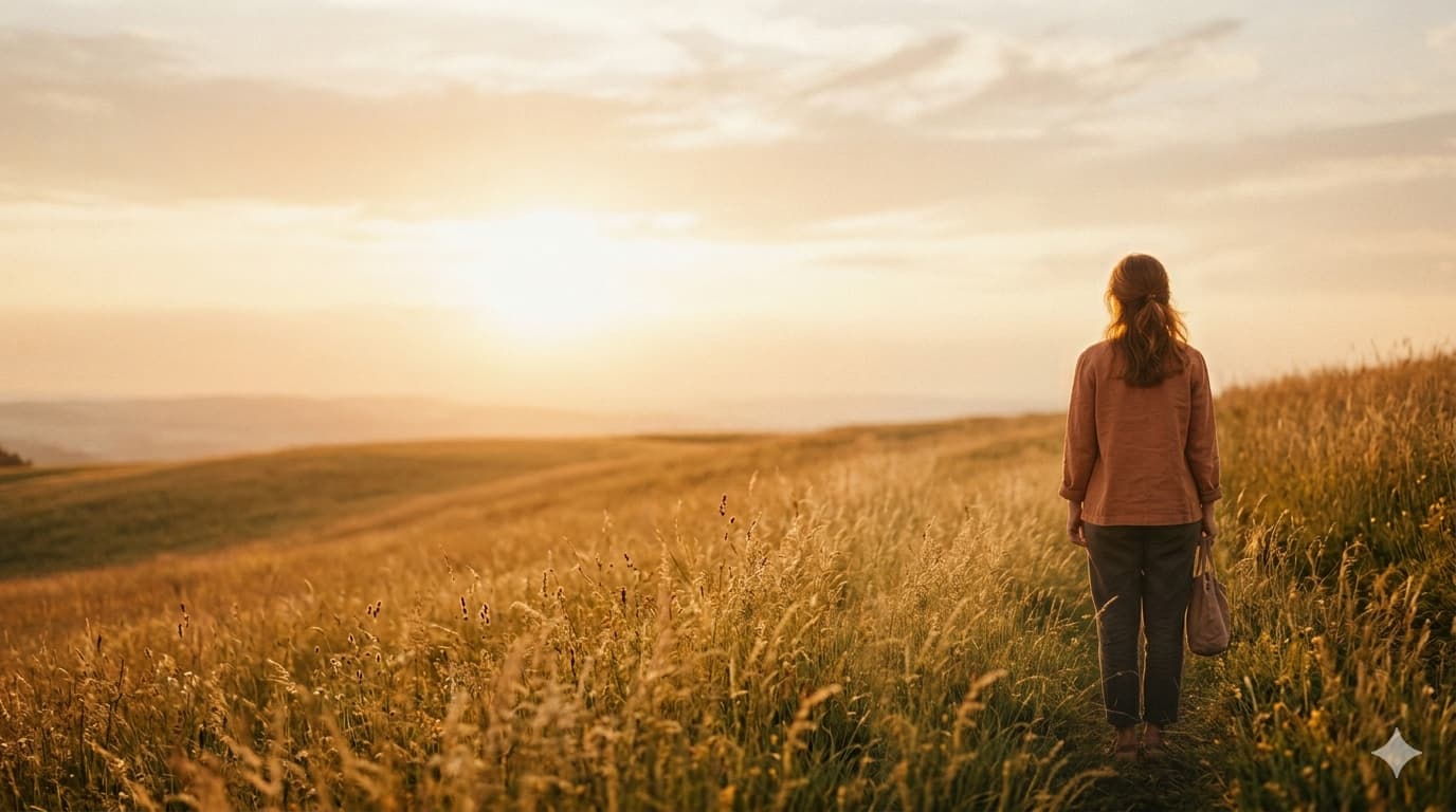Femme marchant dans un champ doré au coucher du soleil — symbole d'avancée et de clarté